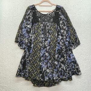 Free People Dress Womens Medium Black Beck Mini Floral Crochet Lace Boho Tunic